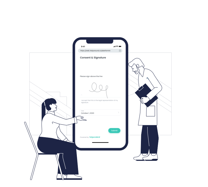 Patient and doctor looking at a mobile workflow screen together